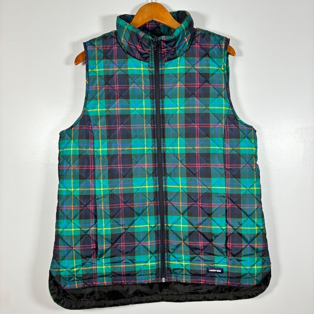 Lands' End Puffer Vest L Tall Plaid Quilted Insulated Preppy Classic Layer Fall